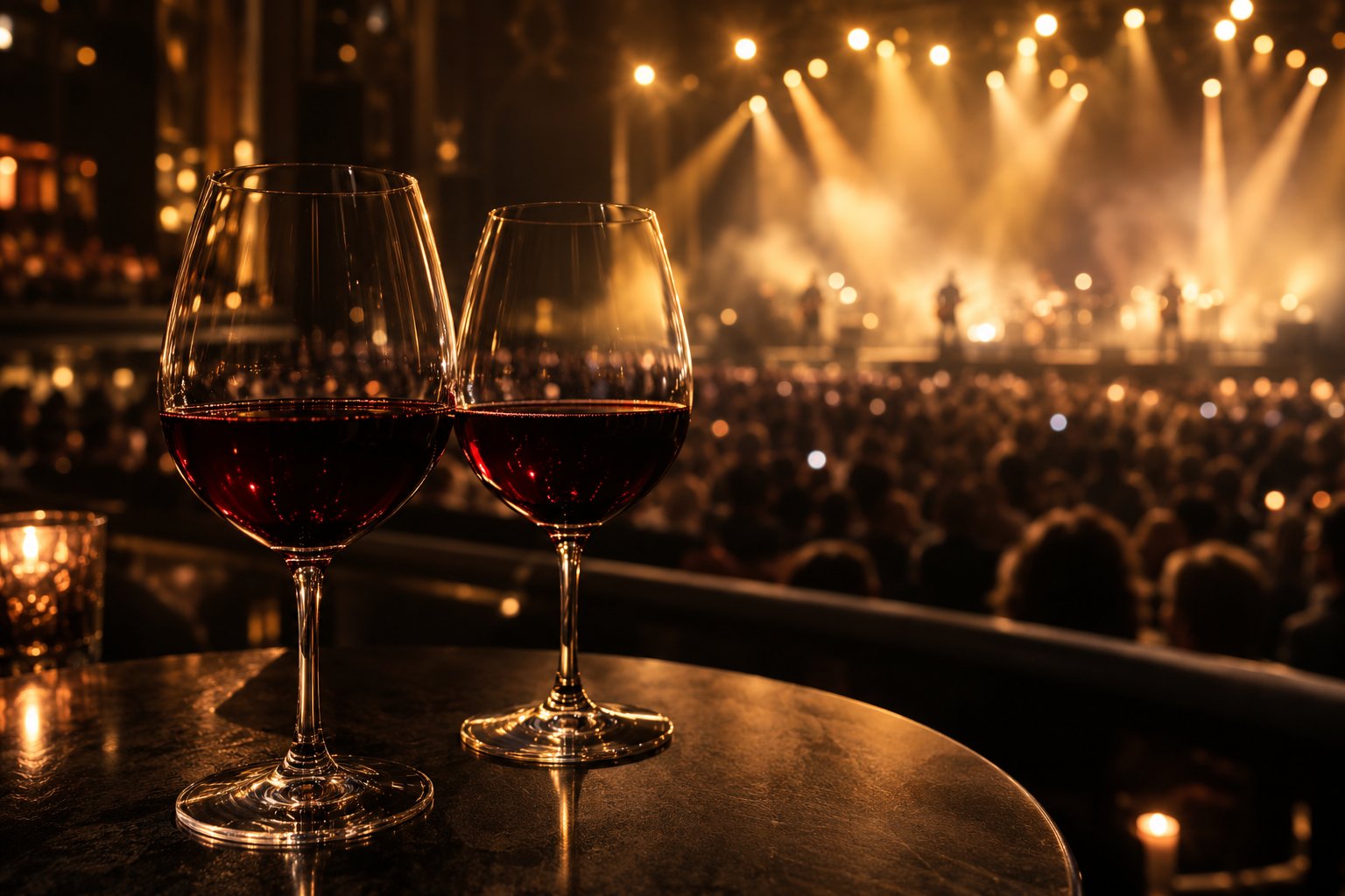 Duas taças de vinho tinto diante das luzes de um palco, em uma atmosfera intimista de celebração